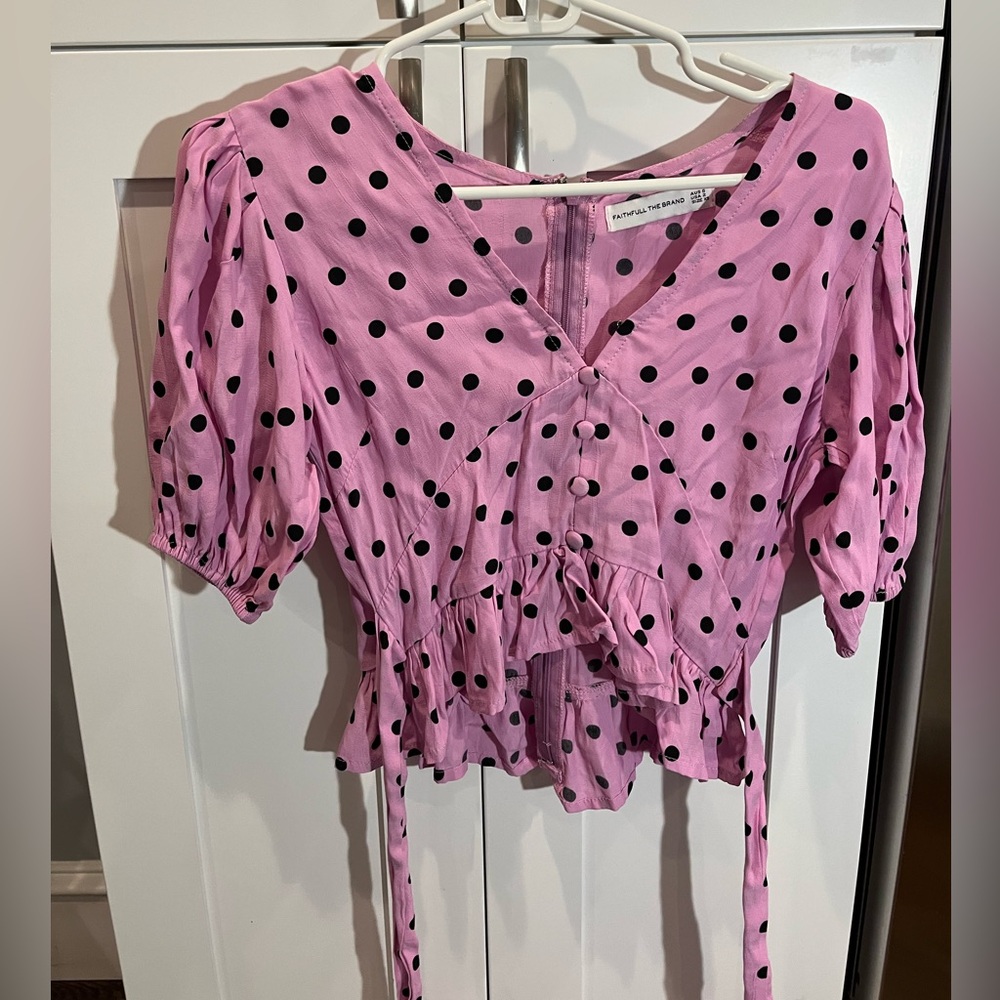 Faithful the brand pink with black polka dots short sleeve blouse US 0 (AU 6)